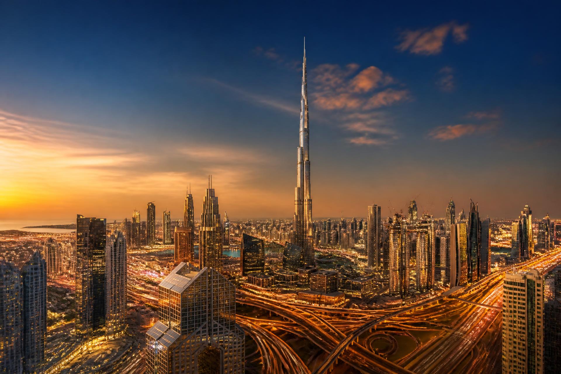 Dubai skyline at golden hour with the Burj Khalifa